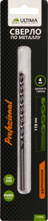Сверло по металлу Ultima спиральное, удлиненное, P6M5, 4,0х119 мм
